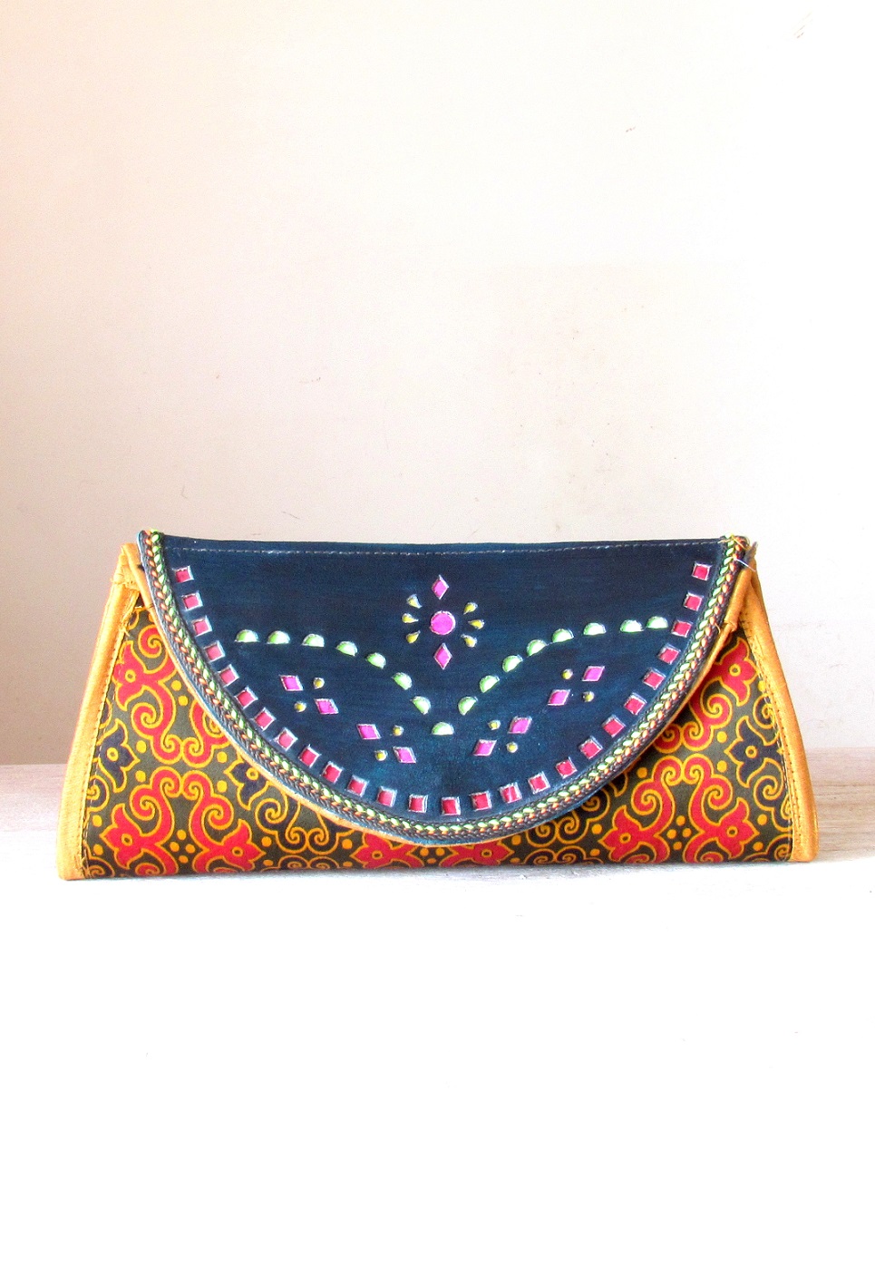 Red and Gold Ajrakh Print and Leather Clutch